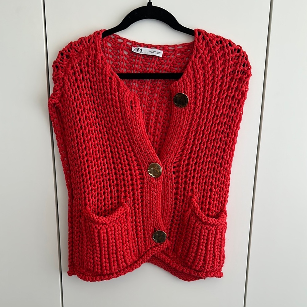 Zara Red Chunky Knit Cardigan Sweater